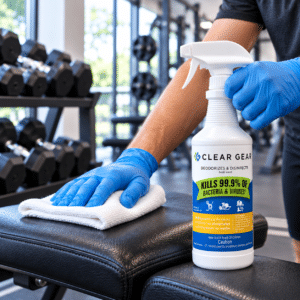 Clear Gear sanitizing spray used on shared gym equipment